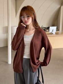 K-Vae Women's Solid Color Long Sleeve Loose Fashion Versatile Cardigan - Brown - View 7