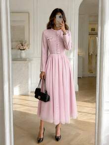 GlowEve Elegant Long Sleeve Contrast Mesh Afternoon Tea Daily Outing Shopping Party Women's Solid Color Long Dress - Pink - View 7