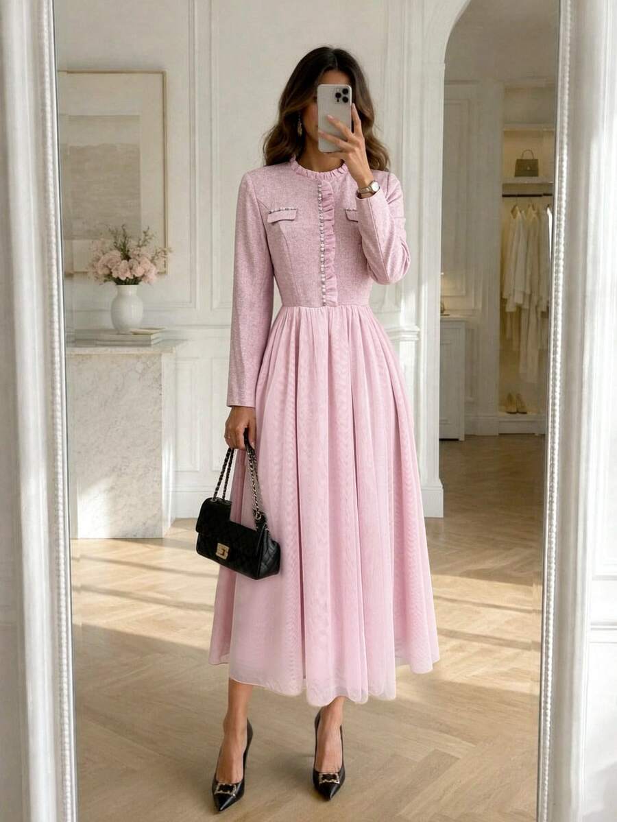 GlowEve Elegant Long Sleeve Contrast Mesh Afternoon Tea Daily Outing Shopping Party Women's Solid Color Long Dress - Pink - View 1