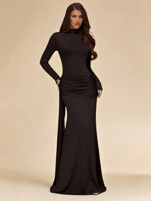 SHEIN BAE فستان ماكسي أنيق من الصوف المحبوك بقصة ضيقة وياقة وهمية وشريط، أكمام طويلة، بلون أخضر زيتوني سادة، للخريف/الشتاء - قهوة بني - مشاهدة 3