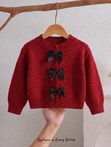 Cozy Pixies 女嬰針織開襟毛衣，蝴蝶結裝飾，可愛休閒，柔軟舒適百搭，適合派對、度假，杏色秋季開襟毛衣 - 紅色 - 查看 1