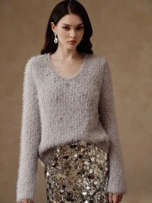 Anewsta كنزة نسائية بأكمام طويلة وياقة على شكل حرف V مزينة بالراينستون أنيقة وكاجوال - Iron Gray - مشاهدة 6