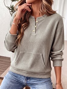 EMERY ROSE Women's Plus Size Solid Color Button Long Sleeve Sweatshirt, Casual Outdoor Sweatshirt For Autumn/Winter Fall - Khaki - View 5