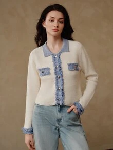 Anewsta Women's Autumn/Winter Knitted Cardigan With Denim Effect Lapel Patchwork Design, Commuter Sweater Jacket - White - View 3