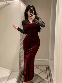 Dazy Tall Women's Long Elegant Lace Patchwork Dress - Burgundy - View 7