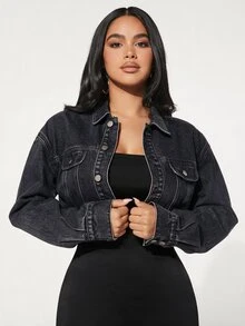 SHEIN SXY 女款時尚短版鈕扣設計牛仔夾克 - 深灰色 - 查看 6