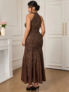 EastFlair Plus Size Women's Lace Brown Chinese Style Elegant Evening Dress - Brown - View 3