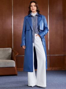 Anewsta Essential Autumn/Winter Premium PU Leather Oversized Lapel Silhouette Blue Tone Trench Coat - Blue - View 4