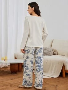 Serenescape Vacation Style Printed Long Sleeve Set, Spring/Autumn Thin Crew Neck Casual Loose Loungewear - White - View 2
