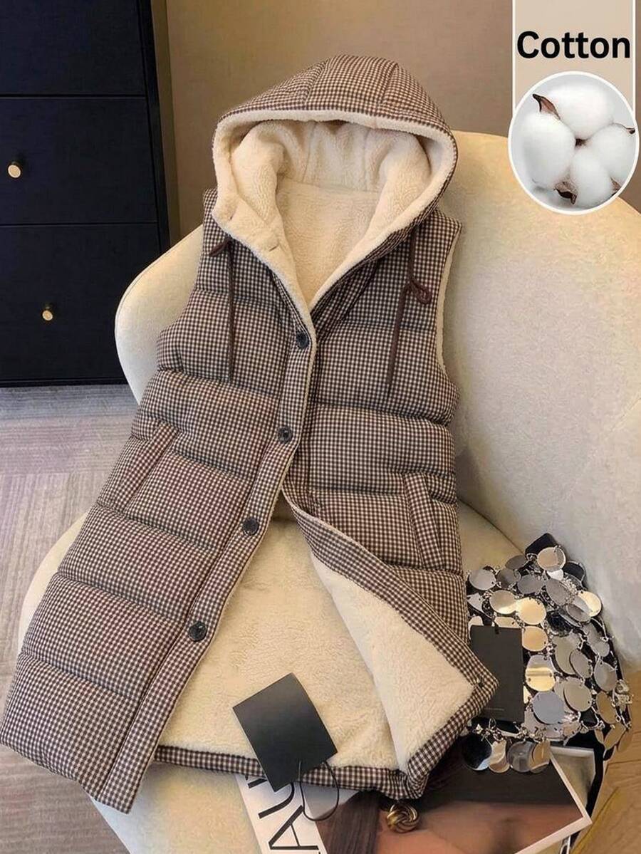 SHEIN Clasi جاكيت مبطنة بغطاء رأس بطبعة مربعات، معطف جاكيت خريف/شتاء - بني مخاوي - مشاهدة 1