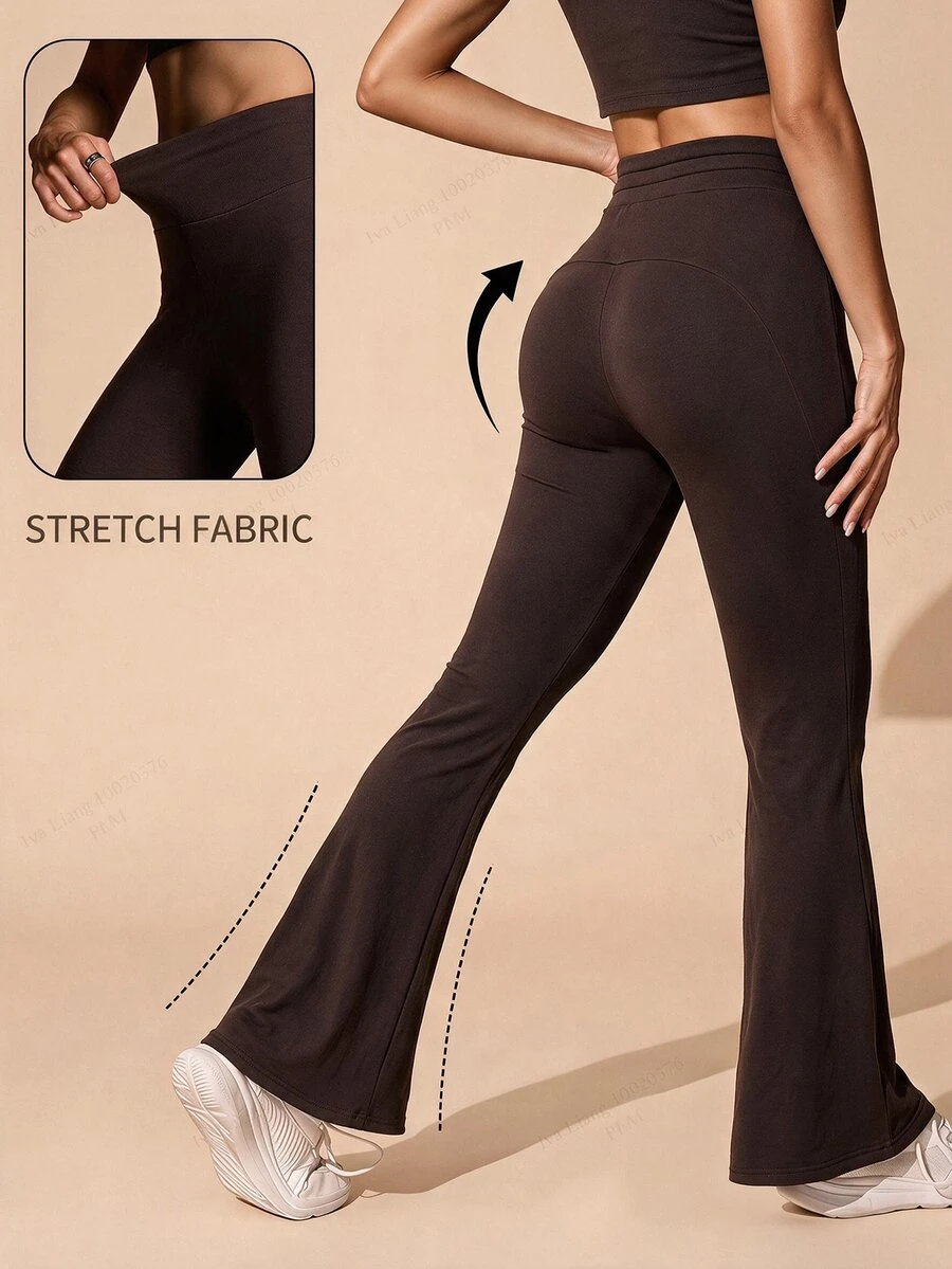 SHEIN BASICS سروال ضيق نسائي بخصر عالي بلون موحد مرن ومشدود - شوكولاته بني - مشاهدة 1