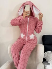 Napfluff Star Pattern 3D Ear Design Hooded Jacquard Flannel Comfortable Sleep One-Piece Suit, Fluffy And Soft, Suitable For Autumn And Winter Wear - Pink - View 7