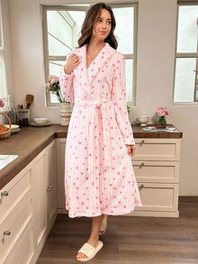 Snug Reverie Romantic Fresh Women's Plush Pink Striped Heart Print Long Robe, Autumn/Winter - Multicolor - View 3