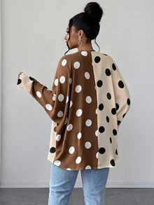 Maweii Plus Size Women's Colorblock Polka Dot Patchwork Sheer Split Batwing Sleeve Sexy Long Sleeve Blouse - Multicolor - View 2