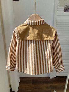 Baby Boy Gentleman Striped Pony Print Collared Preppy Shirt And Shawl 2 Pieces Set, Suitable For Winter - Khaki - View 2