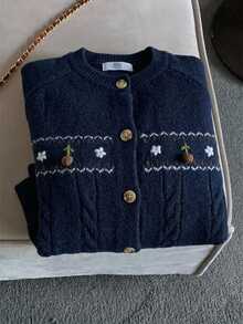DAZY 女款圓領單排扣花卉圖案時尚休閒針織開襟衫 - 藏蓝色 - 查看 4