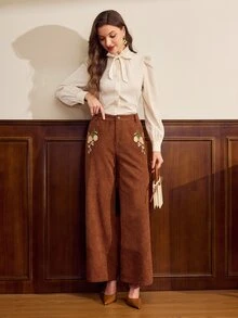 Vintamour Women's Pocket Button Floral Embroidered Pattern Long Pants - Brown - View 5