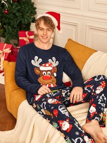 Notgurli Christmas Funny Reindeer Print Casual Men's Loungewear Set - Multicolor - View 1