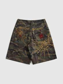 ROMWE Grunge Punk 夏季復古中性街頭龐克蜘蛛網刺繡寬鬆寬腿女款牛仔中長褲 - 彩色 - 查看 1