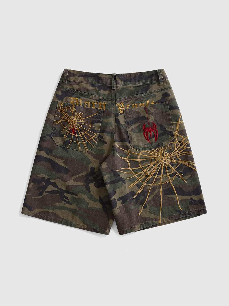ROMWE Grunge Punk 夏季復古中性街頭龐克蜘蛛網刺繡寬鬆寬腿女款牛仔中長褲 - 彩色 - 查看 1