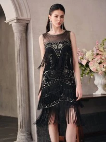 Anewsta Affair Women's Mesh Patchwork Sequin Fashion Cocktail Party Dress - Black - View 7