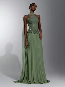 Elitara Elegant Army Green Knit Chiffon 2 In 1 Bandeau A-Line Pleated Dress With Flutter Sleeves For Women's Formal Evening Party - Army Green - View 4