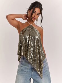SHEIN BAE 女款香檳色亮片細肩帶露背不對稱下擺性感風背心上衣 - 香檳色 - 查看 7