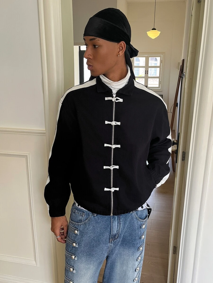 STEELVANCE Men's New Chinese Style Colorblock Patchwork Fashion Minimalist Denim Jacket - Black - View 1