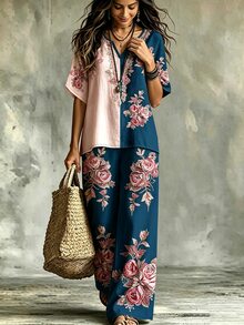 SHEIN LUNE CURVE Women's Plus Size New Vacation Casual Style, Colorblock Floral Set + Batwing Sleeve Geometric Print Top + Solid Color Wide Leg Pants, 2 Pieces Comfortable Casual Outfit, Set Series - Multicolor - View 3