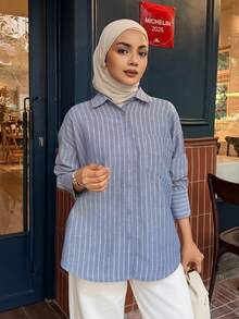DAZY Women's Casual Striped Single-Breasted Long Sleeve Shirt - Blue - View 3