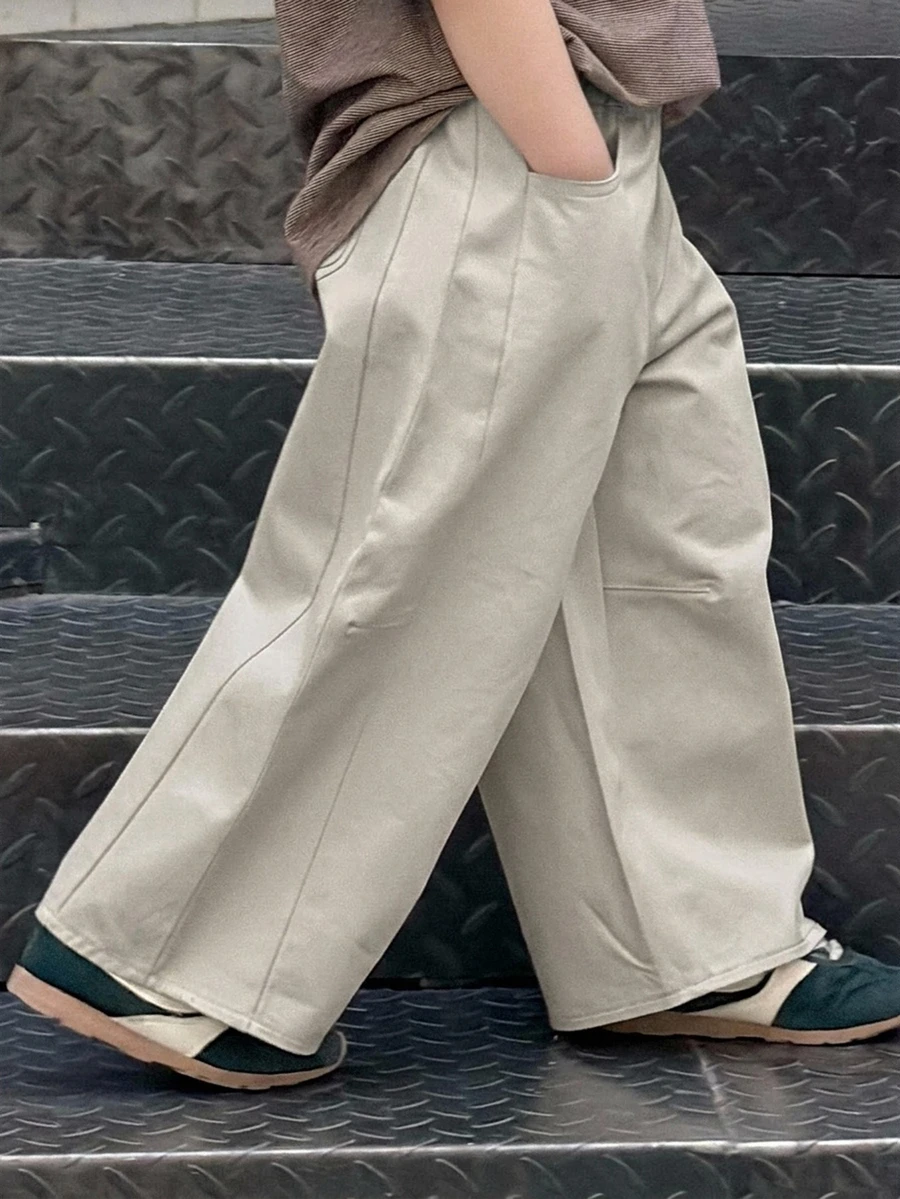 Dazy Kids 小男孩純色口袋寬腿寬鬆休閒長褲 - 淺灰色 - 查看 1