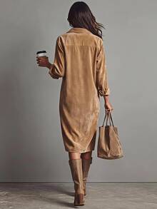 SHEIN LUNE Plus Size Fashion Button Long Sleeve Pocket Vacation Dress - Camel - View 2