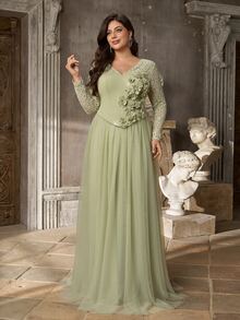 Aureia Plus Size Elegant Romantic Eyelash Lace Contrast Mesh A-Line Long Dress With 3D Floral Handmade Rhinestone Decor, Suitable For Wedding, Vacation, Prom, Bridesmaid, Formal Evening Gown - Green - View 3