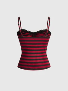 ROMWE Dark Gothic Black & Red Striped Cross Pendant Romantic Lace Patchwork Ruched Fitted Plus Size Cami - Multicolor - View 3