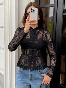 Serisse Women's Lace Frog Button Placket Ruffle Hem Blouse - Black - View 6