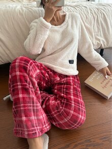 Napfluff Set Piyama Wanita Flanel Modis Minimalis Motif Kotak-kotak 2 Potong - MultiWarna - View 4