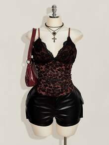 SHEIN ICON 女款大尺碼蕾絲拼接豹紋細肩帶背心上衣 - 摩卡棕 - 查看 3