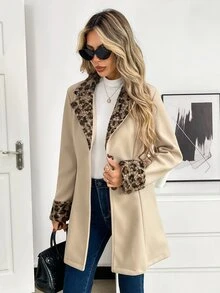 Elyressa معطف نسائي خريف/شتاء بتصميم رقعات وطبعة نمر وياقة طية وأكمام طويلة وأزرار مفردة من مزيج الصوف - لون مشمشي - مشاهدة 3