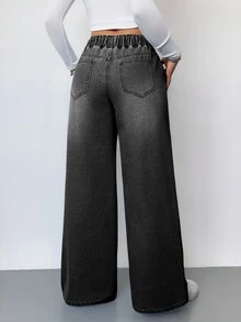 SHEIN Tall 女款抽繩腰口袋休閒日常穿著牛仔褲 - 黑色 - 查看 3