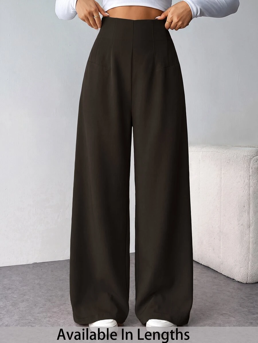 SHEIN Tall CURVE Plus Size Women Solid Color High Waist Wide Leg Loose Casual Long Pants - Brown - View 1