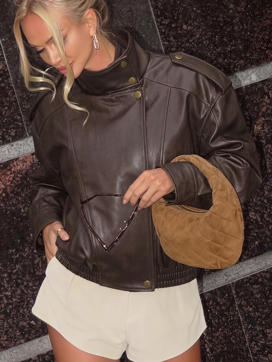 SHEIN SXY Women's Fashion High Neck Button Design Long Sleeve Jacket - Coffee Brown - View 1