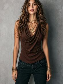 LUMIGAL Women's Stacked Collar Slim Fit Tank Top - Coffee Brown - View 3
