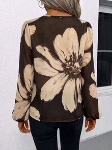 SHEIN LUNE 女款休閒簡約V領套頭長袖棕色與杏色花卉對比印花上衣 - 彩色 - 查看 2