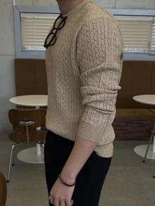 DAZY Autumn/Winter Khaki Cable Knit Fitted Crew Neck Ribbed Cuff & Hem Korean Style Men's Sweater - Khaki - View 2