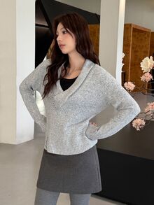 K-Vae Women's Casual V-Neck Long Sleeve Button Design Sweater - Grey - View 3