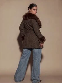SHEIN BAE CURVE Plus Size Women Long Sleeve Overlap Design Belt Splicing Fur Collar Jacket - Multicolor - View 2