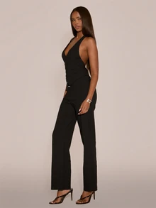 MUSERA Plunge Front Halterneck Belted Waist Fitted Sleeveless Low Back Jumpsuit Sexy Evening Night Going Out Fall Winter Autumn Solitude - Black - View 1