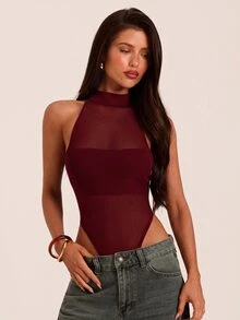 SHEIN BAE 秋冬酒紅色高領透視網紗無袖緊身性感連身衣 感恩節亡靈節派對夜生活穿搭 - 酒紅色 - 查看 4