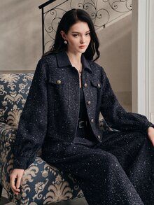 Anewsta Women's Autumn/Winter Modern Versatile Commuter Metallic Thread Tweed Jacket With Metal Buckle Lapel And Double Pockets, Short Style - Navy Blue - View 3