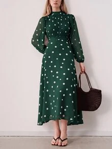 Aveloria Modichic 女款修身腰 A 字版型雪紡立領荷葉邊燈籠長袖優雅復古深綠色波點連身裙，適合聖誕茶會晚宴秋季穿著 - 綠色 - 查看 7